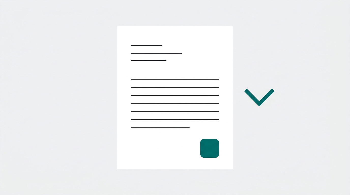 A structured document card with frontmatter lines at the top, body text lines below, and a small teal badge in the lower corner representing a verified export ready for publishing.