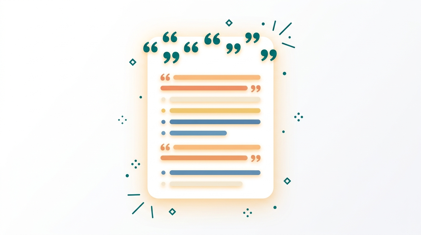 A clean document card with abstract line-block placeholders and teal quotation-mark accents represents a brand voice settings field filled with specific editorial rules.