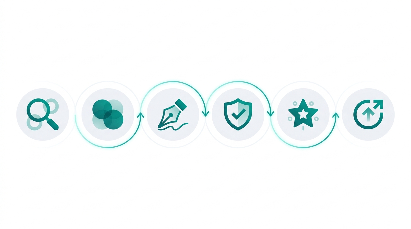 Six connected pipeline stages represented as flat geometric icons flow from left to right, symbolizing research, competitor analysis, drafting, fact-checking, quality audit, and export.