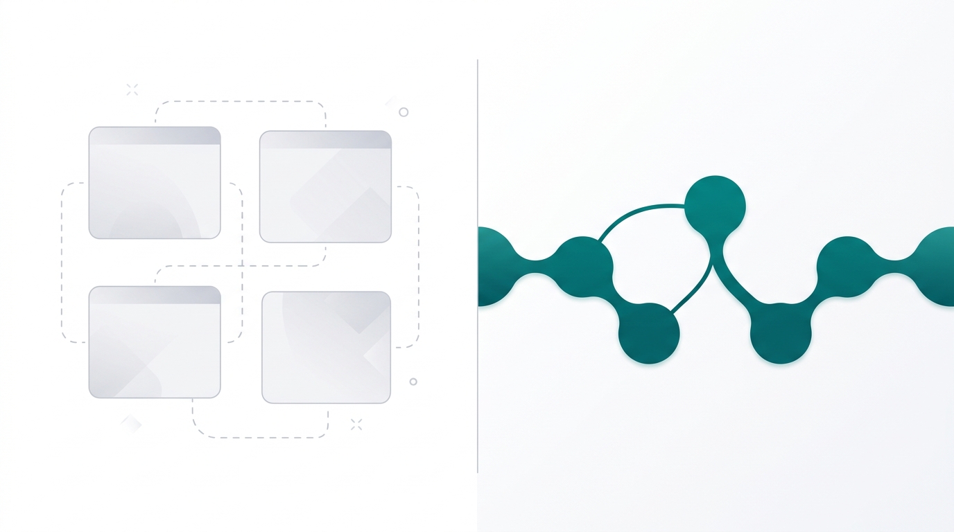 A split illustration contrasts a fragmented cluster of disconnected app shapes on the left with a single smooth unified pipeline of connected teal nodes on the right.