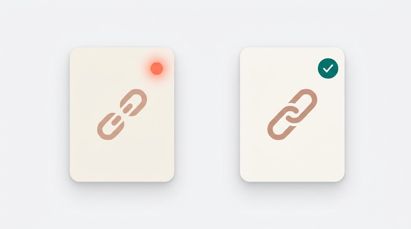 Two side-by-side document cards contrast a flagged broken citation marked with a warning indicator against a verified citation marked with a teal checkmark.