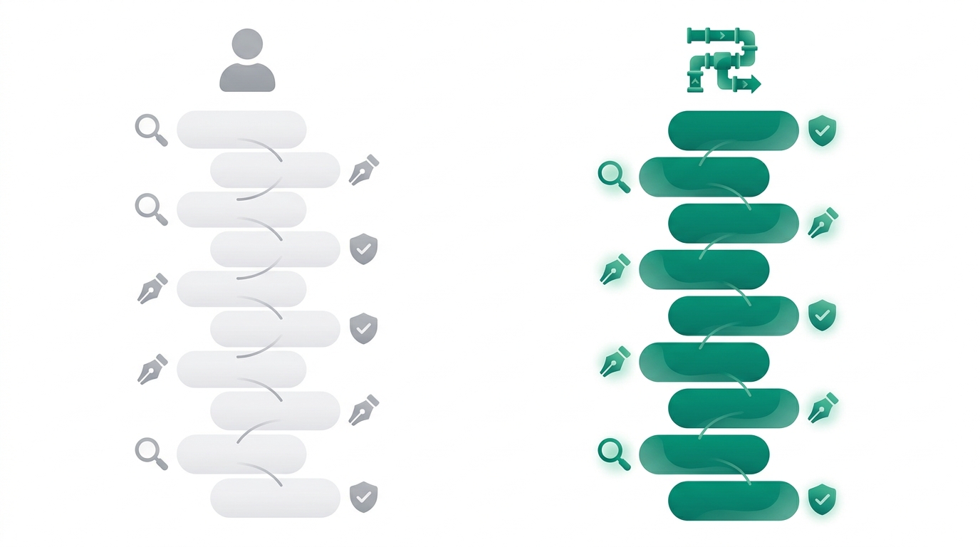 Two parallel workflow columns compare a manual ghostwriter process in gray to an automated pipeline in emerald green, each illustrated with abstract step shapes and task icons.