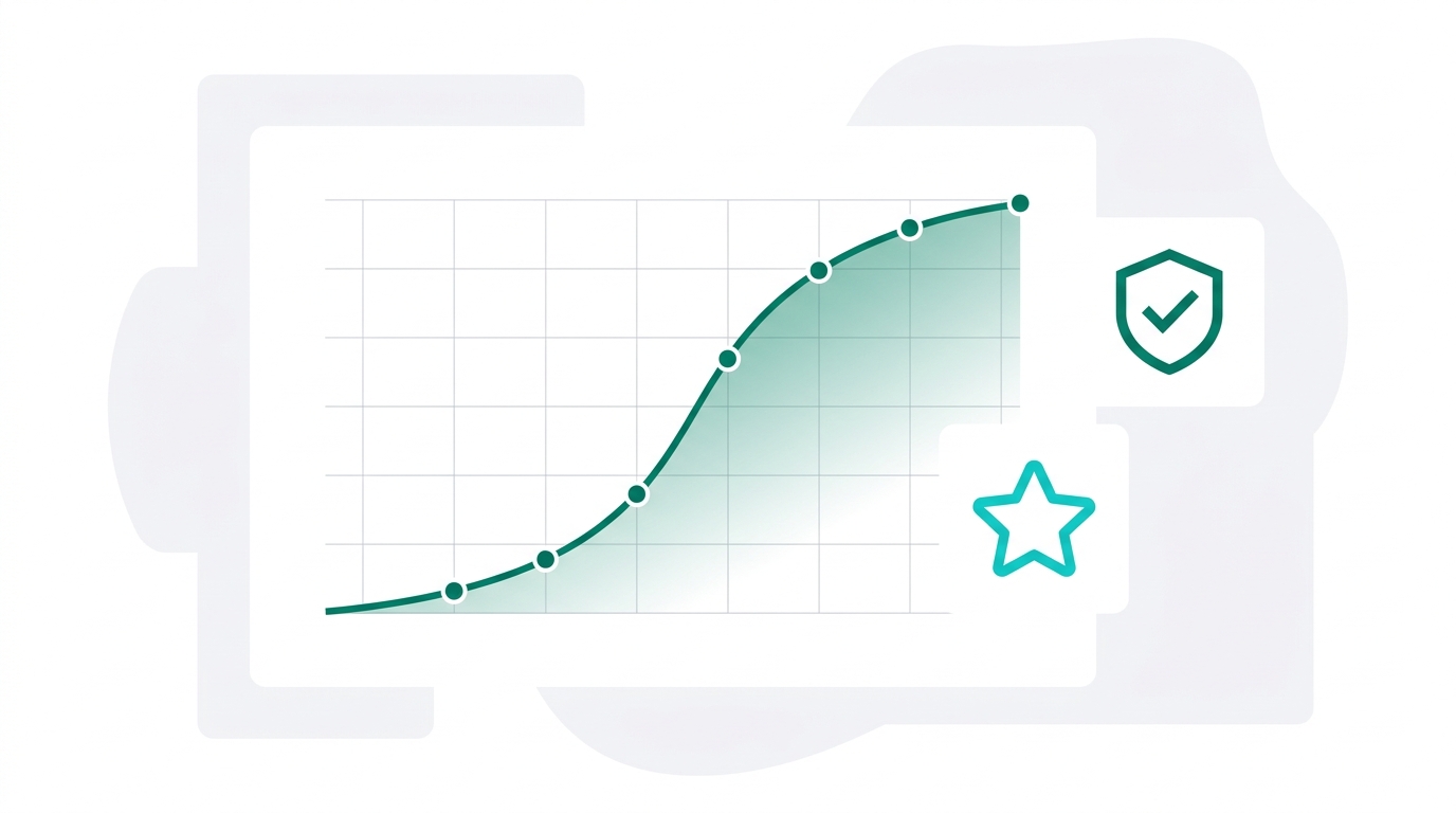 An upward-trending line chart in emerald green rises across a clean grid, flanked by floating shield and star badge shapes representing citation quality and SEO authority.