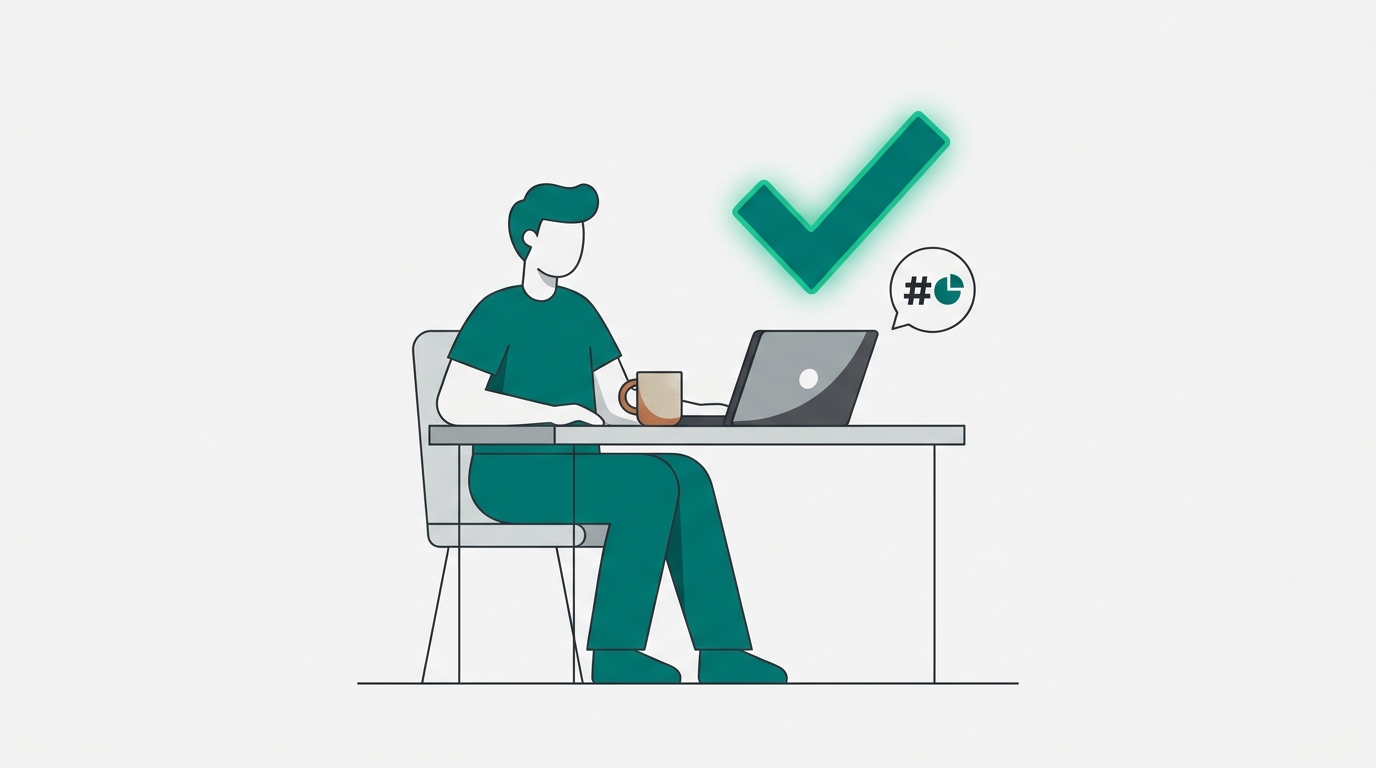 A solo founder sits at a minimal desk with a coffee mug, looking at a laptop displaying a glowing green checkmark and citation badge in a clean flat illustration.