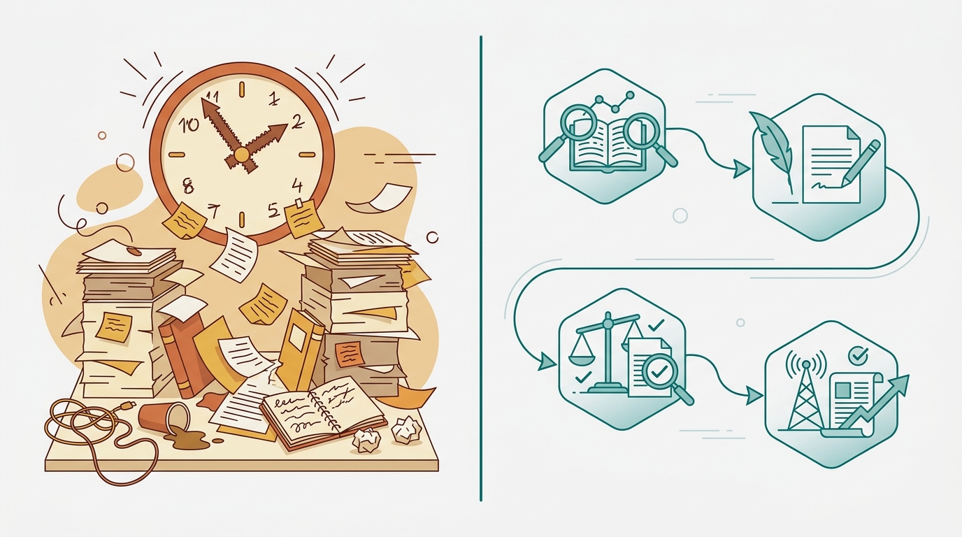 A split-panel illustration contrasting a chaotic manual workflow of sticky notes and clocks on the left with a clean, ordered AI pipeline of connected geometric nodes on the right.