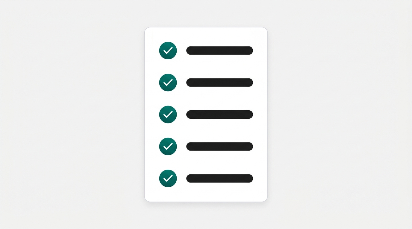 A clean white card displays five checklist rows, each with a filled teal-green circular checkmark icon beside a dark rounded rectangle representing a citation quality check.