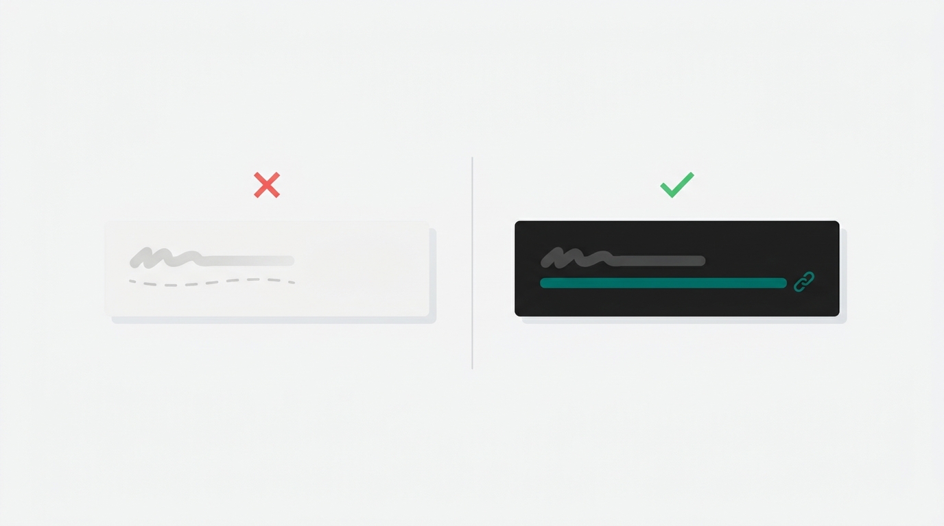 Two side-by-side document strips contrast a weak vague citation marked with a red X against a strong inline citation with a teal-green hyperlink underline marked with a green checkmark.
