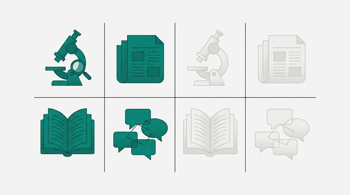 A symmetric grid of abstract icon tiles representing four source types mapped against AI citation preference strength using teal-green and light gray fills.