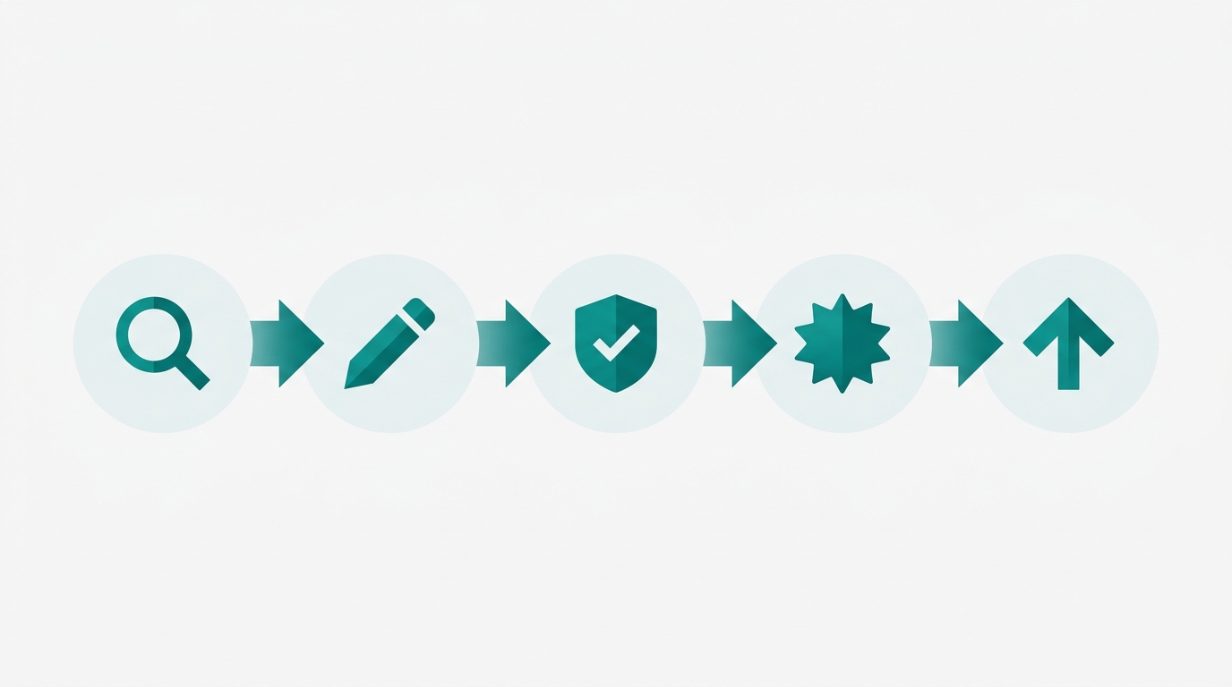 A five-step horizontal pipeline with teal connecting arrows linking icons representing research, drafting, fact-checking, quality scoring, and publishing.