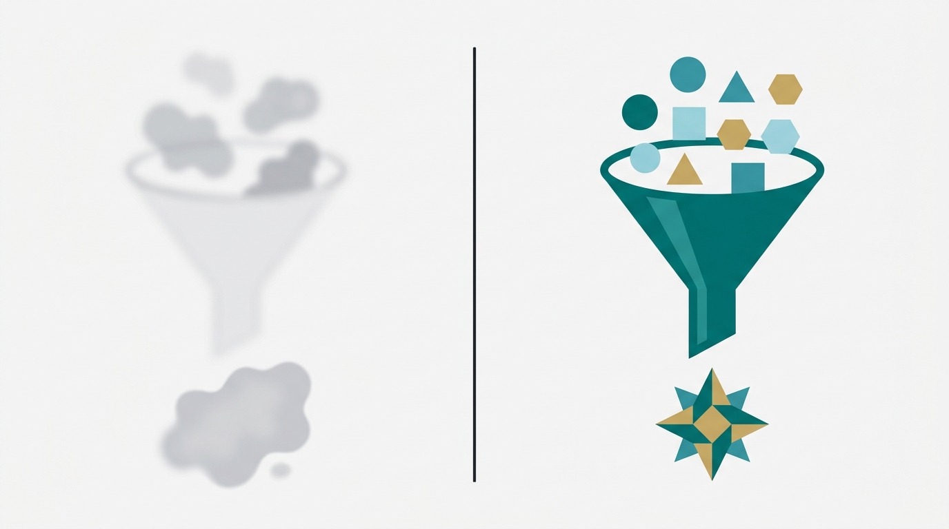 A split diagram contrasting a vague input funnel producing a shapeless output on the left with a structured teal funnel producing a clean geometric output on the right.