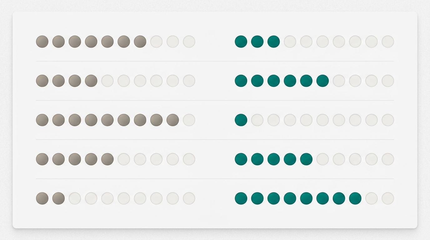 An abstract scorecard with five rows of dot-rating indicators comparing a ghostwriter and an AI agent across five performance dimensions.