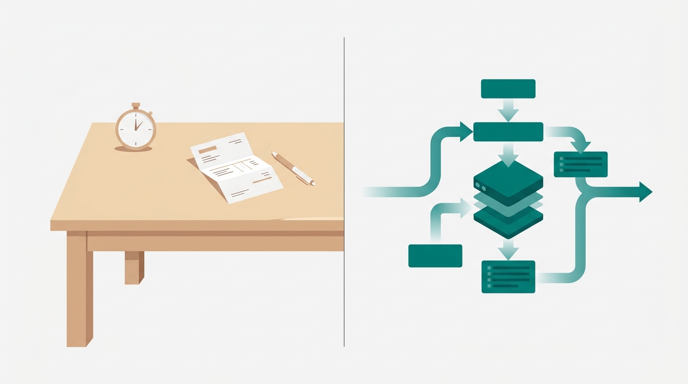 A split-screen desk scene contrasting a ghostwriter's stopwatch and invoice on the left with a geometric AI pipeline flow on the right.