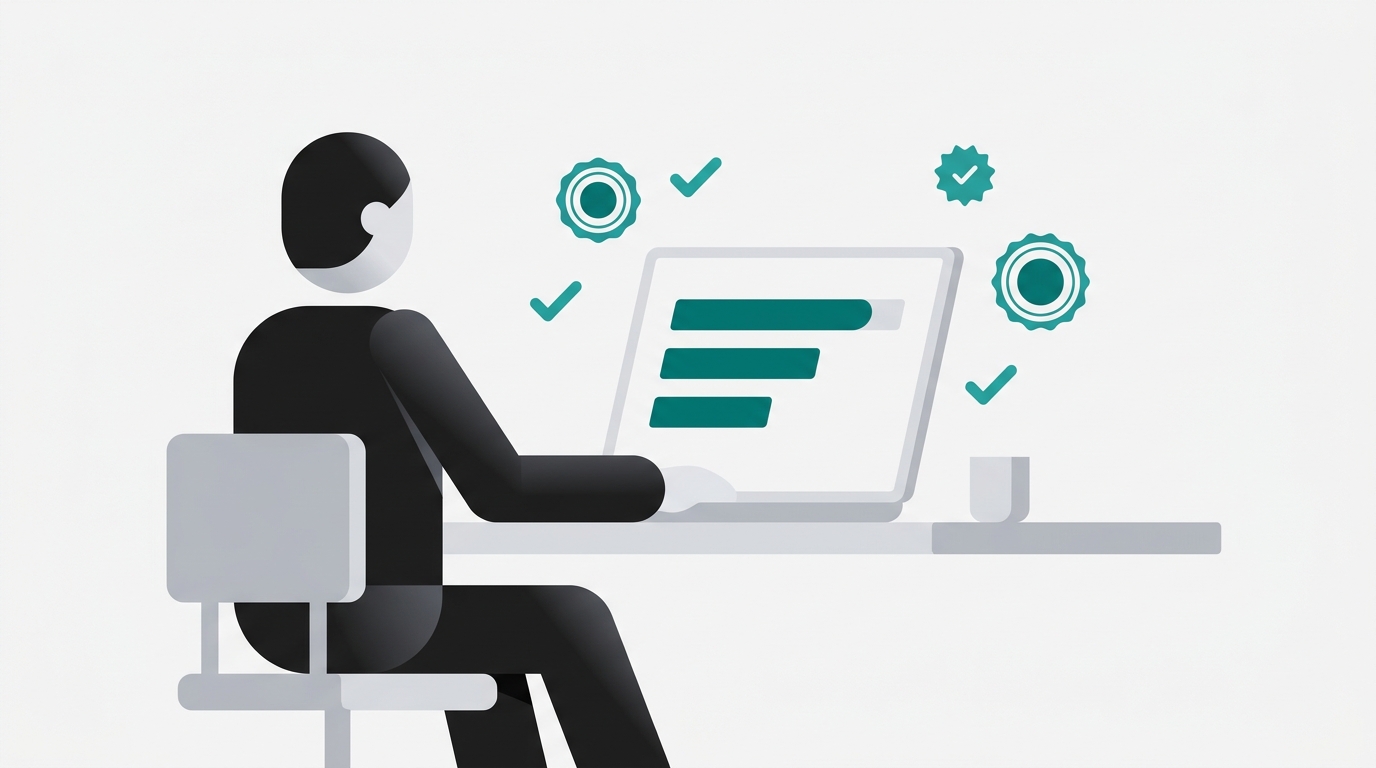 A minimalist founder figure sits at a laptop displaying abstract teal indicator bars representing a quality score, citation count, and SEO frontmatter fields.