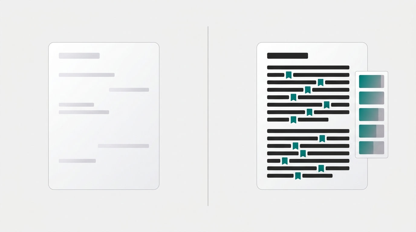 A split composition contrasts a sparse, thin document on the left with a fuller research-backed draft on the right featuring inline citation badges and a five-dimension quality score panel.