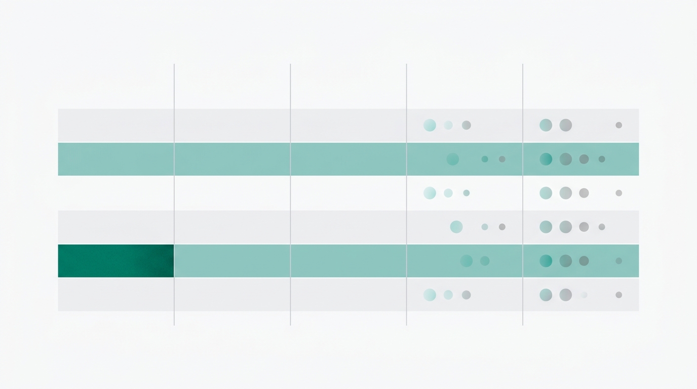 An abstract scoring table with five columns and multiple rows, where two rows are highlighted in teal to indicate top-priority publish-next gap topics.