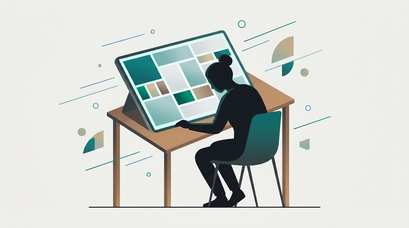 A solo founder sits at a minimal desk studying a color-coded keyword gap matrix displayed on a large screen, with teal and gray cells indicating varying difficulty tiers.