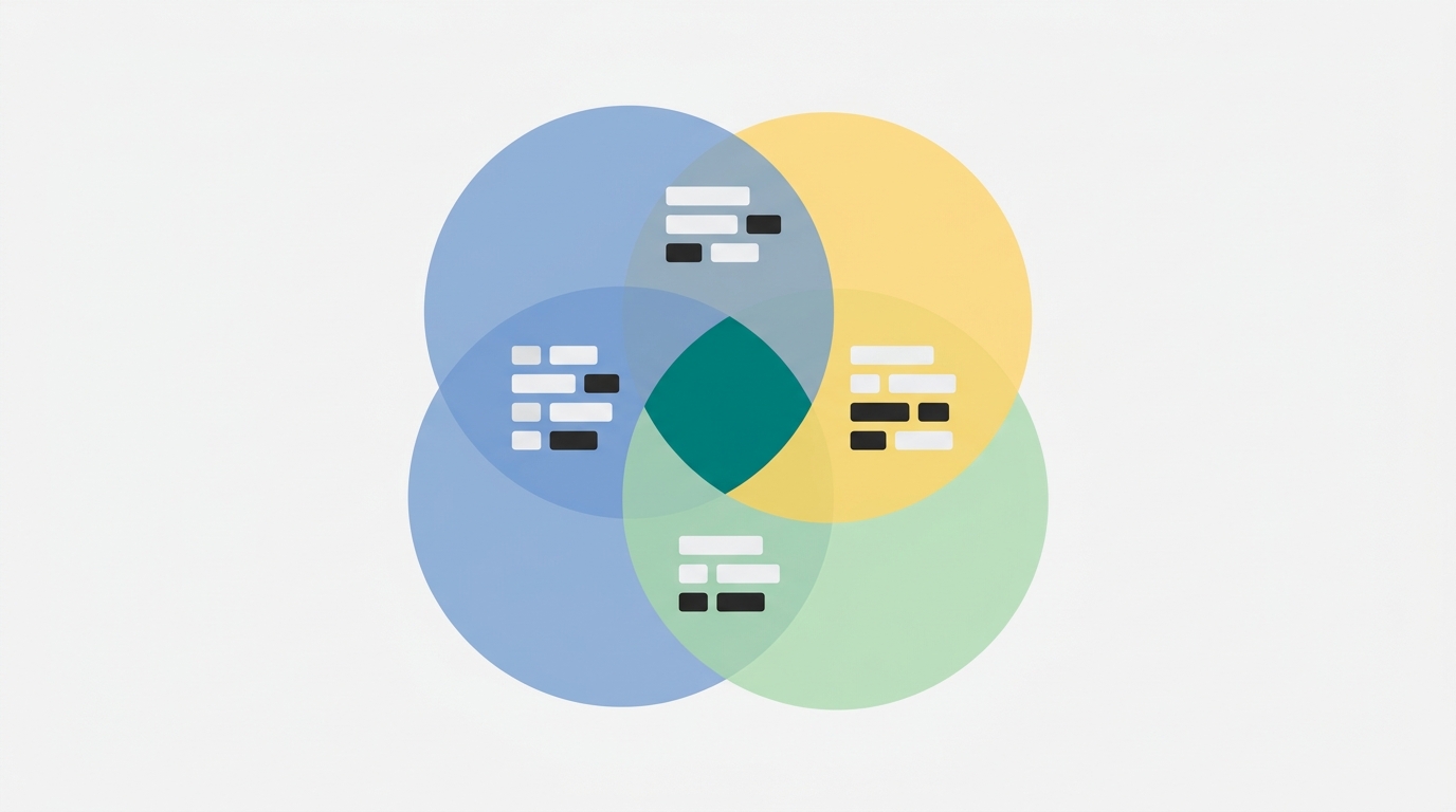 Three overlapping circular sets represent different SERP result groups, with one teal-highlighted intersection showing a competitor domain appearing across two of the three sets.