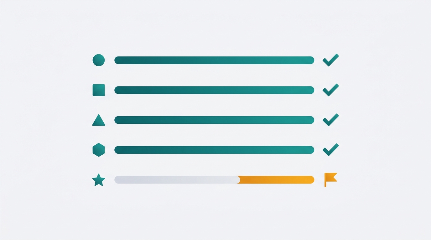 A five-row quality scorecard with four teal checkmark indicators and one amber warning flag on a light gray background.