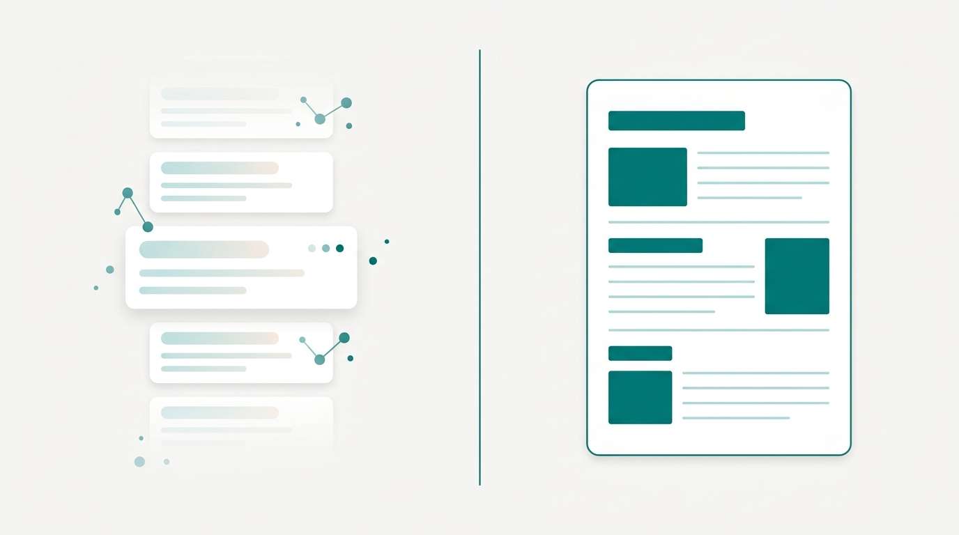 A split composition showing abstract search result cards on the left and a structured research brief document shape on the right, connected by a dividing line.