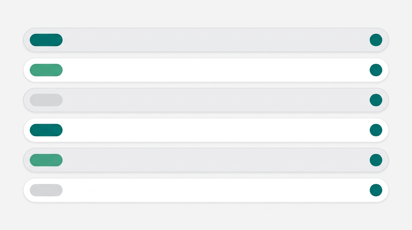 An abstract content queue board with rows of article cards tagged with colored funnel-stage pills and citation count badges arranged in a clean grid layout.