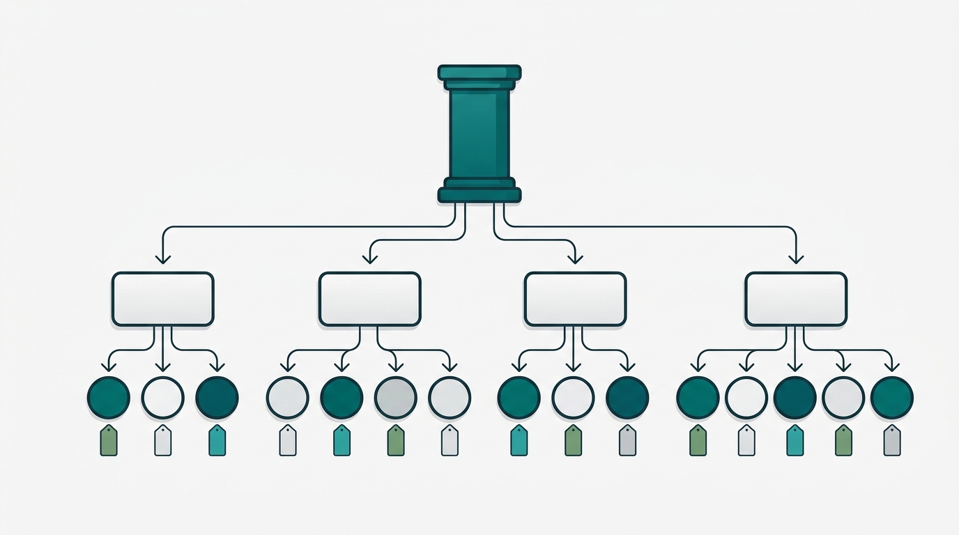 A hierarchical topic cluster map showing one central pillar node branching into cluster themes and subtopics, each tagged with small colored funnel-stage indicators.