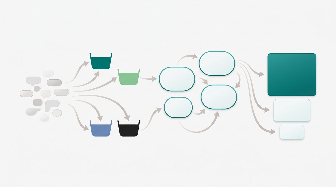 A flat editorial flowchart showing keywords flowing into four intent buckets, merging into topic clusters, and filtering down into a prioritized post queue.