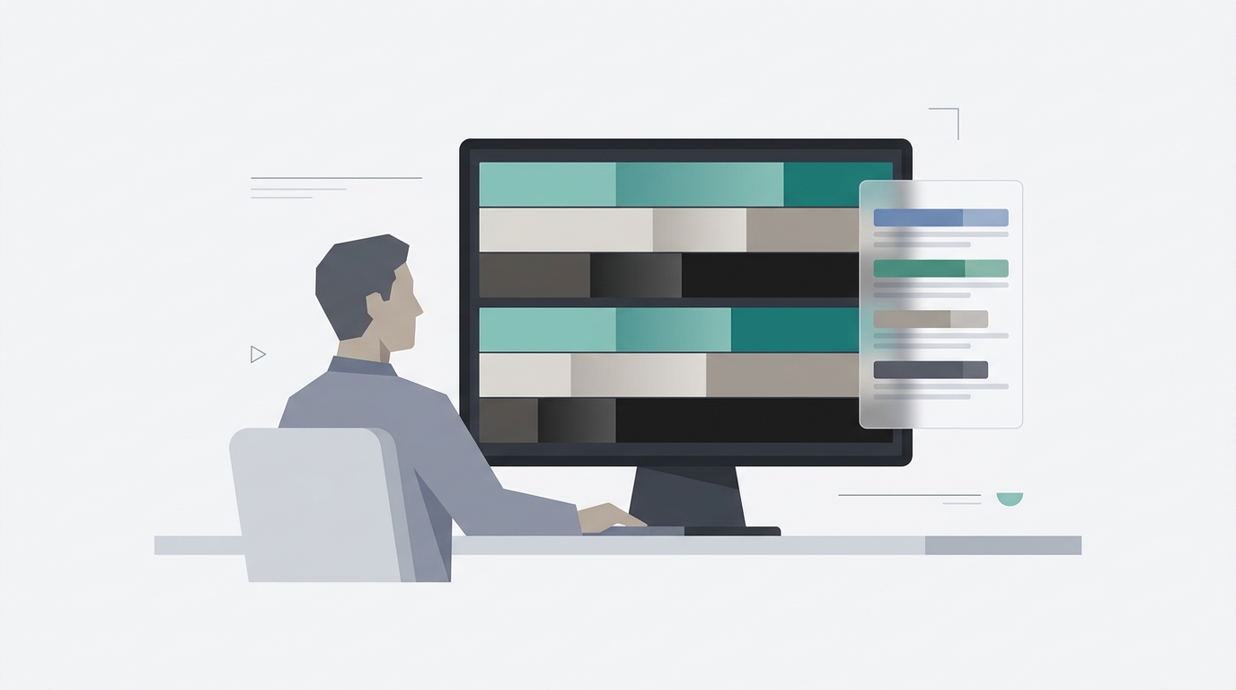 A flat editorial illustration of a solo founder at a desk studying a color-coded keyword grid on a large monitor alongside a simplified search results panel.