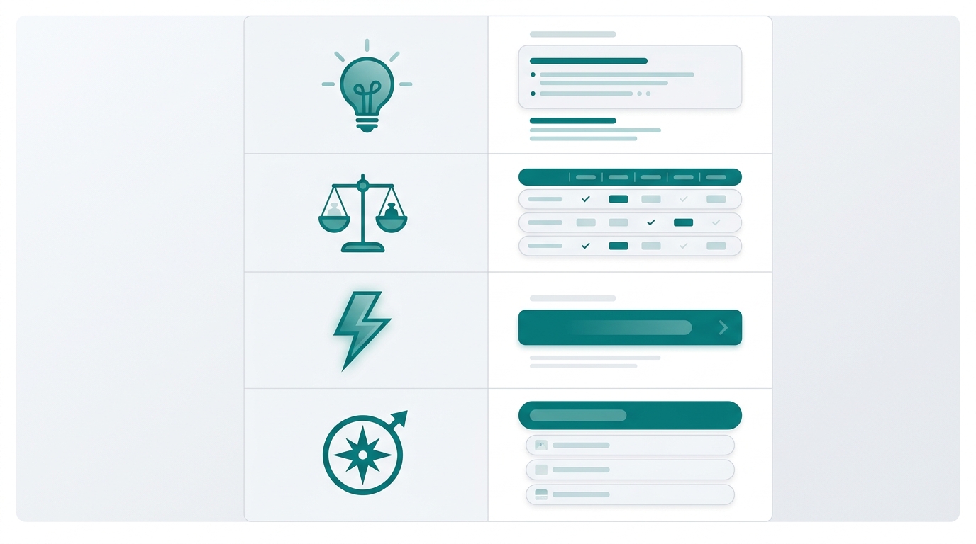 A 2x4 editorial grid pairing four intent-type icons with abstract SERP column diagrams illustrating the dominant format signal for each search intent category.