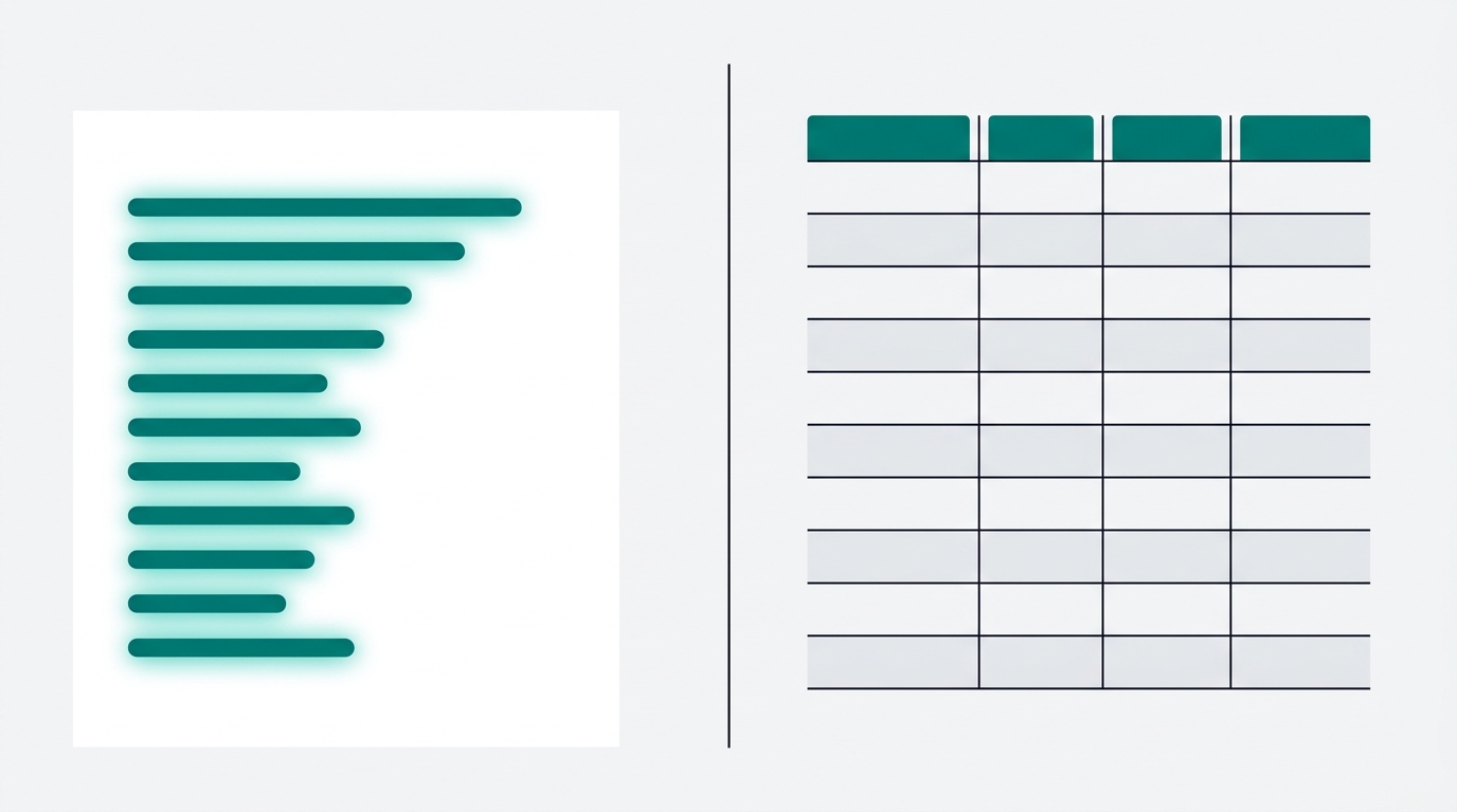 A split-panel illustration showing an abstract performance report on the left and a structured spreadsheet grid on the right.