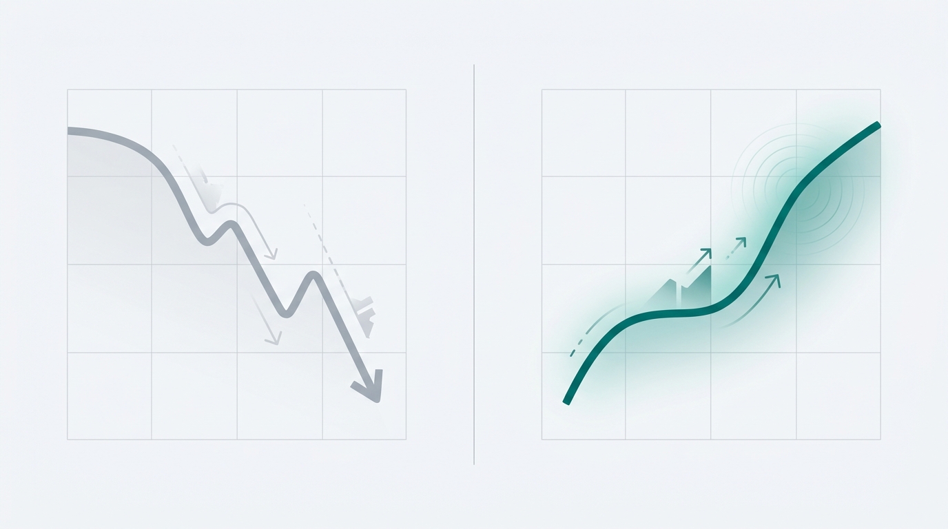 Two abstract line charts side by side showing a declining traffic curve on the left and a recovering upward curve on the right, separated by a clean vertical divider.