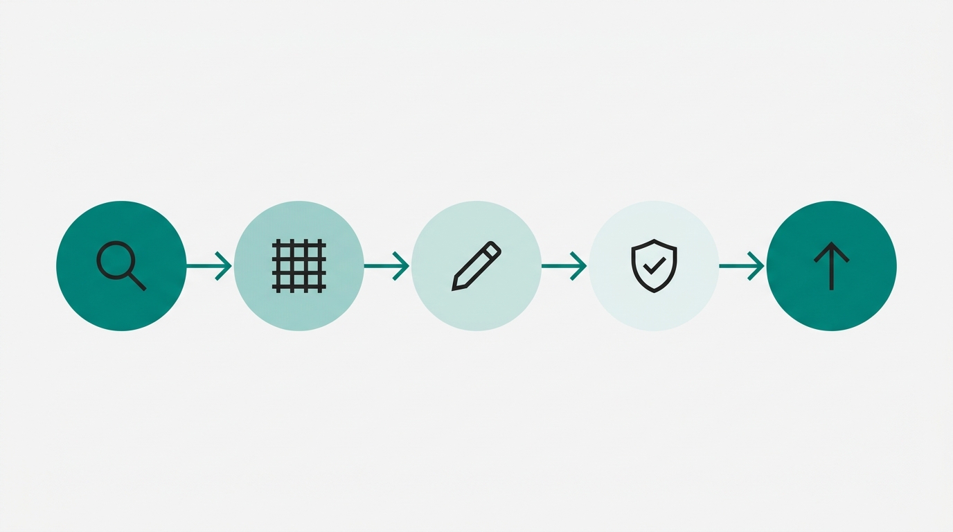Five horizontally connected circular nodes in teal and light gray linked by arrows, each containing a simple geometric icon representing stages of a content refresh workflow.