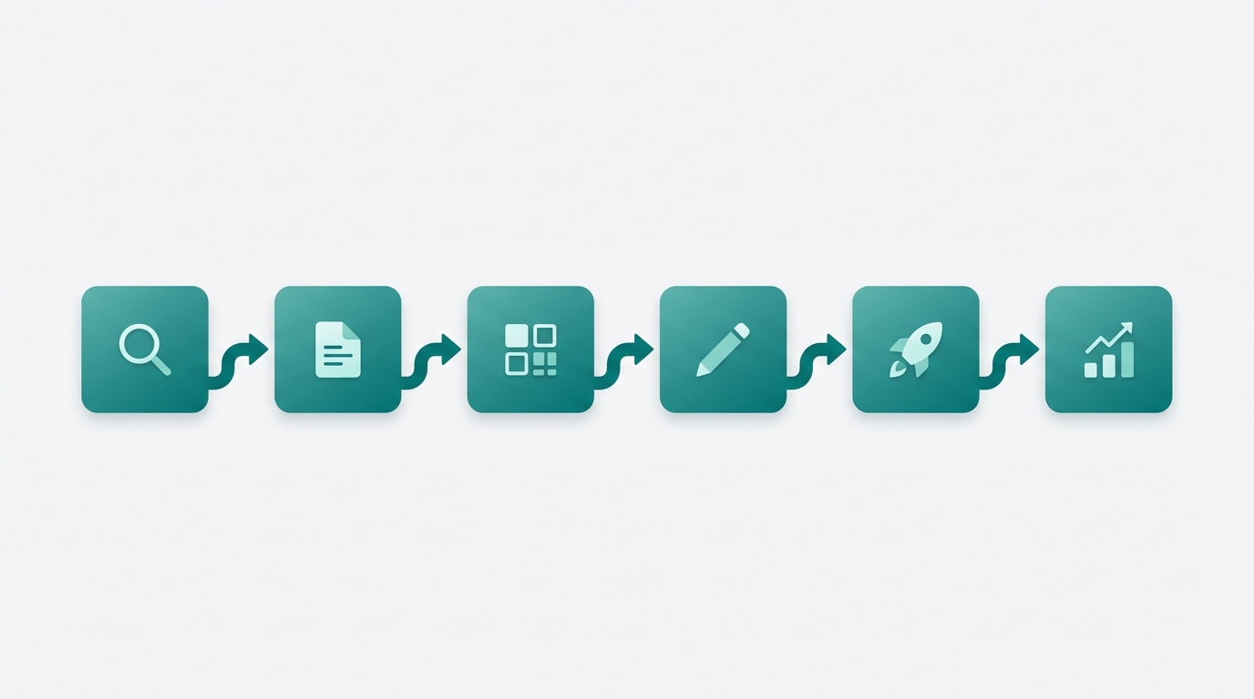 Six connected teal geometric nodes arranged in a horizontal pipeline, each containing a small icon representing a stage from planning through measurement.