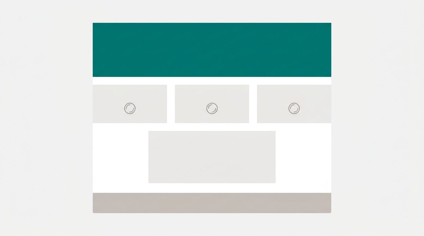 An abstract flat layout diagram showing a landing page structure with a hero banner, three capability columns with icons, a demo embed zone, and a CTA bar in teal and light gray.