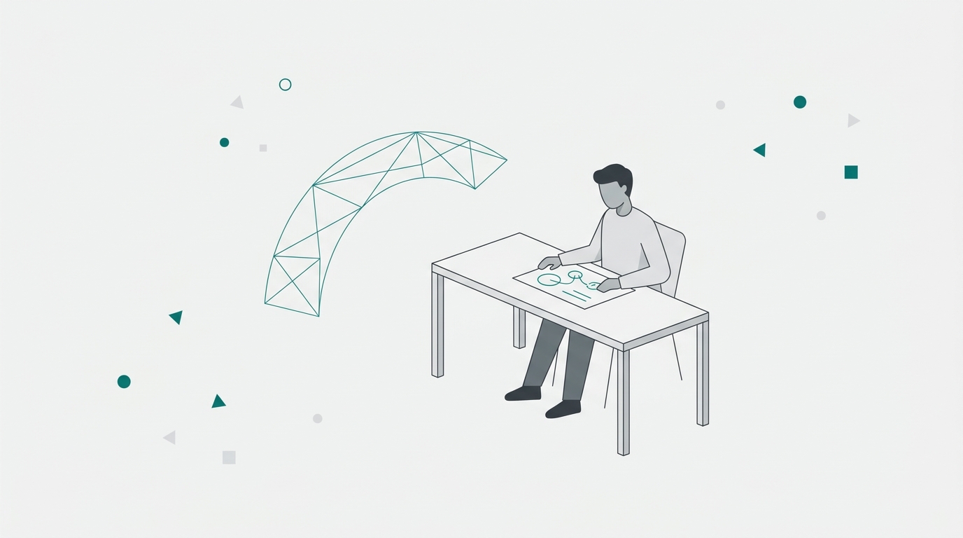 A solo founder at a minimal desk reviews a feature launch checklist while an abstract upward-trending graph arc floats beside them in teal and light gray tones.