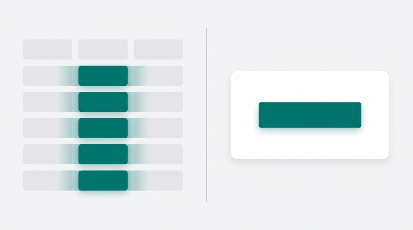 A split editorial illustration showing a structured feature comparison grid on the left and a bold conversion CTA card on the right, united by clean geometric design.