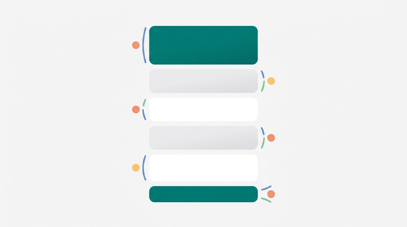 Six vertically stacked page-section blocks in teal and light gray with abstract geometric callout shapes pointing to each block, representing a comparison page structure.