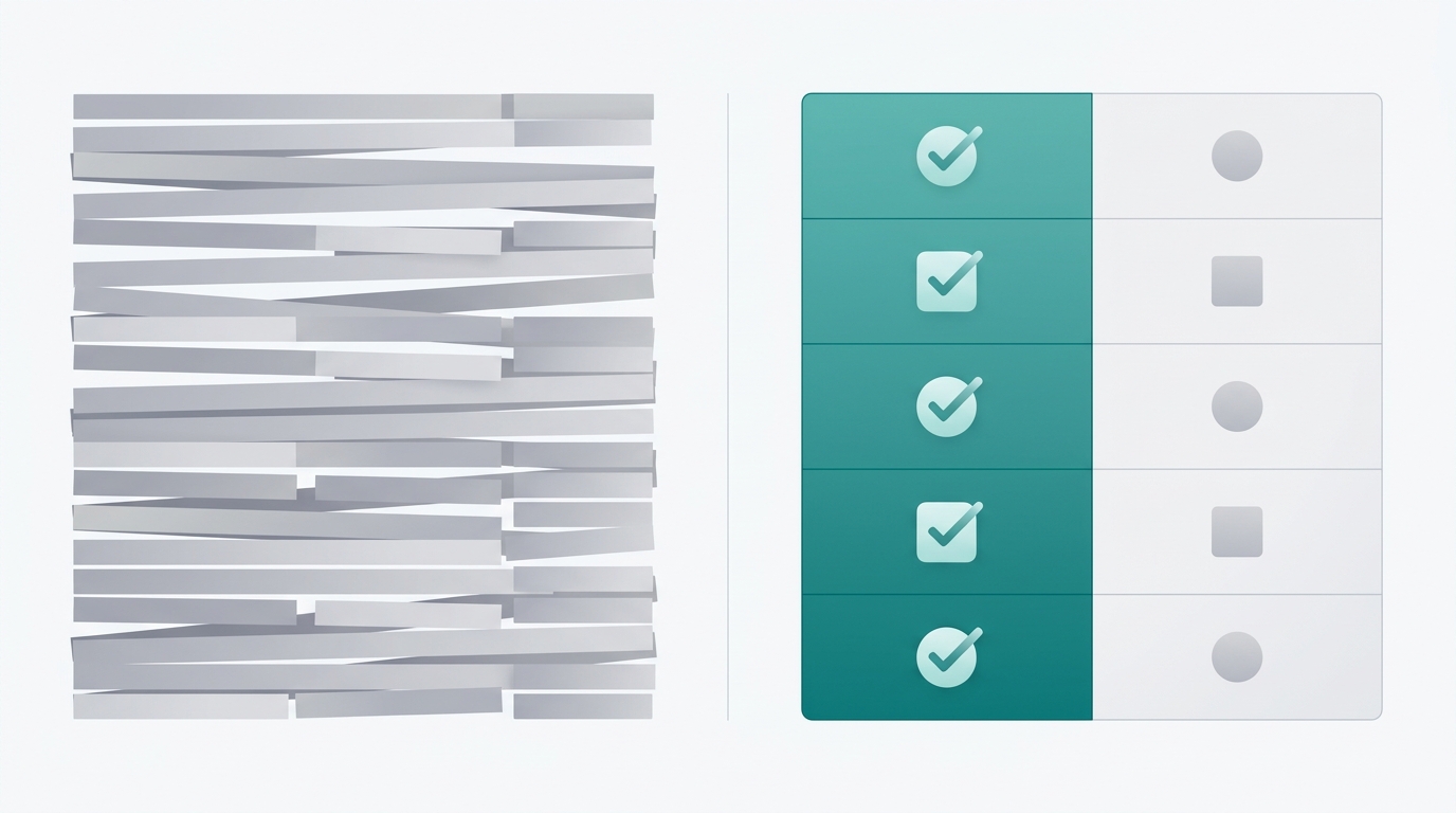 Two side-by-side abstract comparison tables contrasting a cluttered multi-row layout in gray against a clean five-row table with a teal-highlighted winning column.