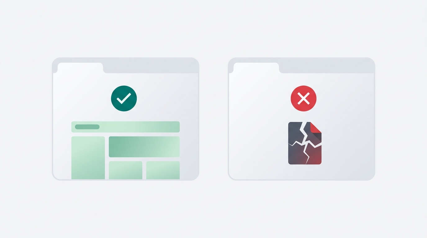 Two side-by-side browser tab shapes where the left shows a green checkmark indicating a successfully resolved citation source and the right shows a red X and cracked document icon indicating a broken or missing page.