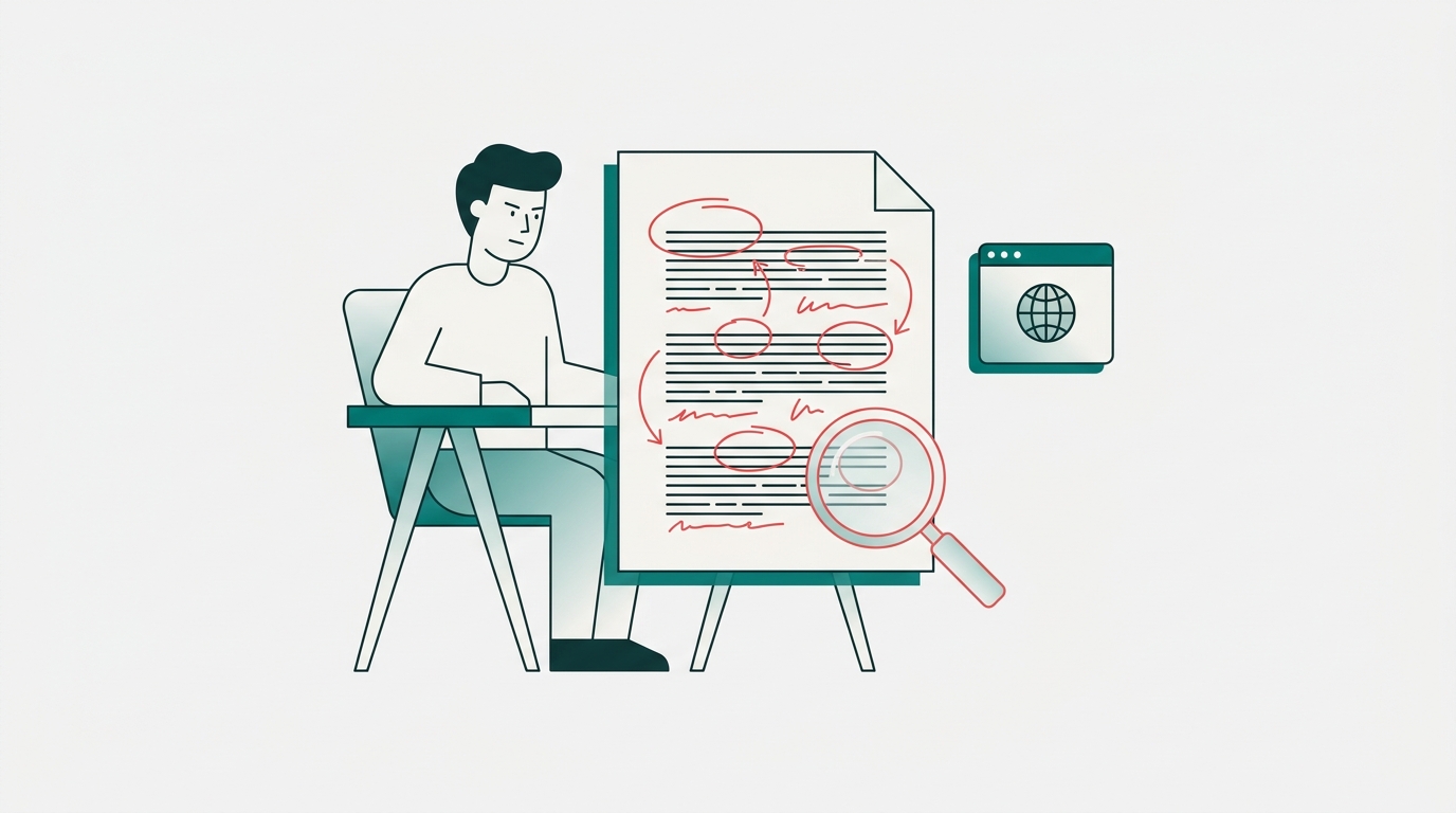 An editor at a minimal desk reviews a printed blog post draft covered in red pen marks, with a magnifying glass highlighting a paragraph and a browser tab icon suggesting source verification.
