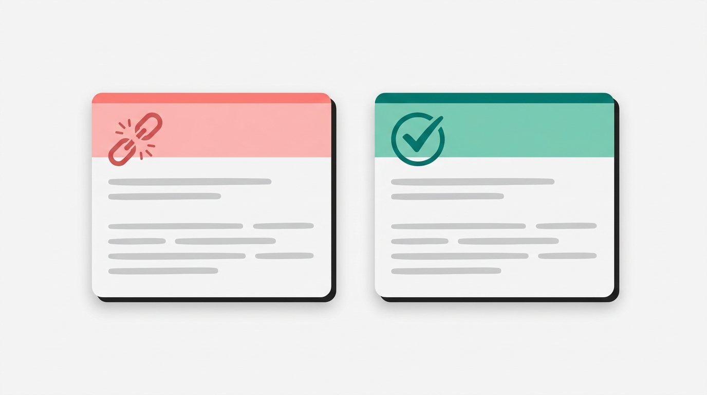 Two side-by-side citation cards, one with a broken-link icon and red highlight indicating failure, and one with a checkmark and green highlight indicating a verified source.