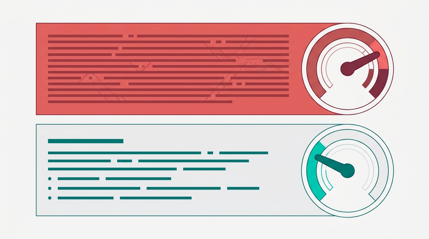 Two text block panels with circular grade-level gauges showing a readability score dropping from a high red zone to a low teal zone after a paragraph rewrite.