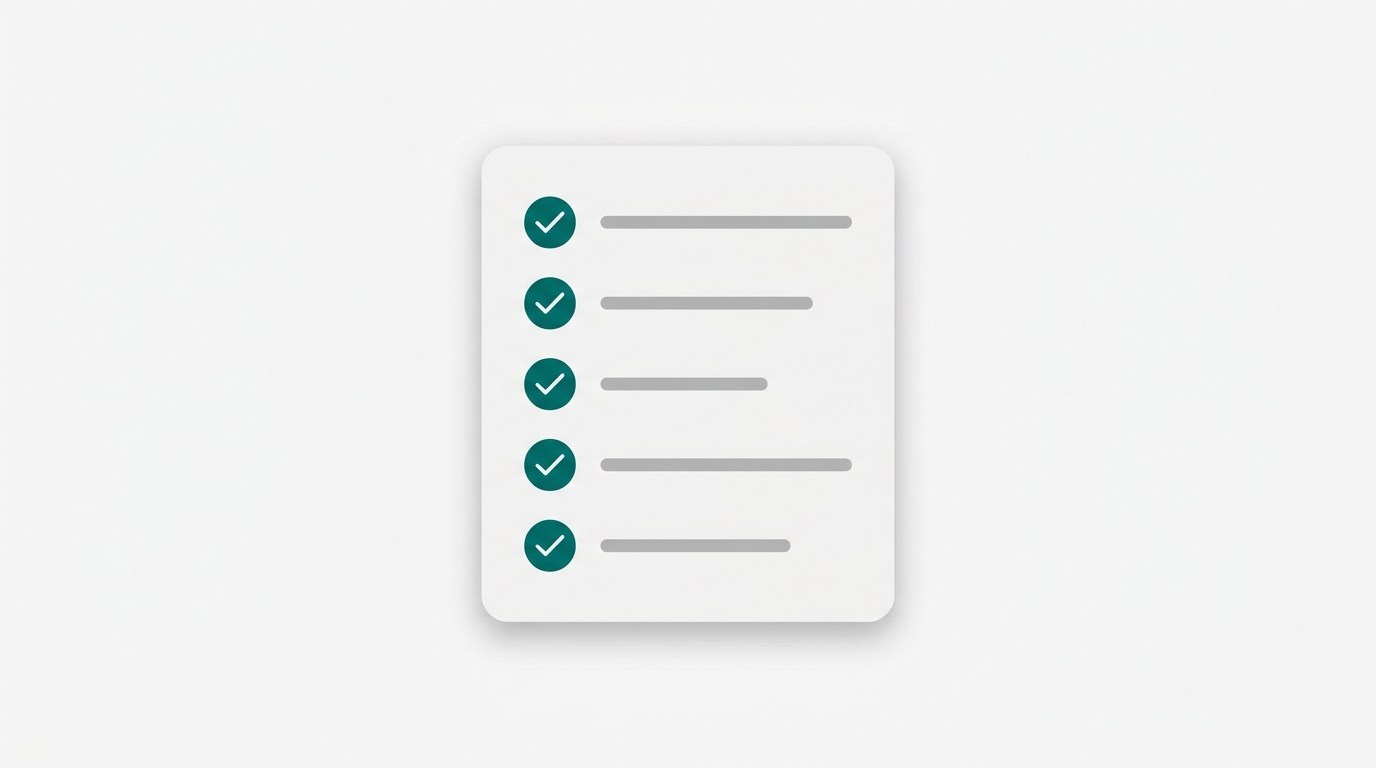 A clean checklist card with five rows each marked by a teal checkmark icon representing SEO integrity items.