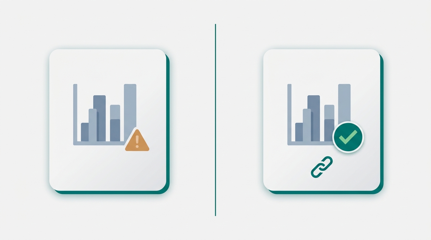 A split-screen composition showing a raw unverified usage stat card on the left and a fact-checked, citation-marked version of the same card on the right.