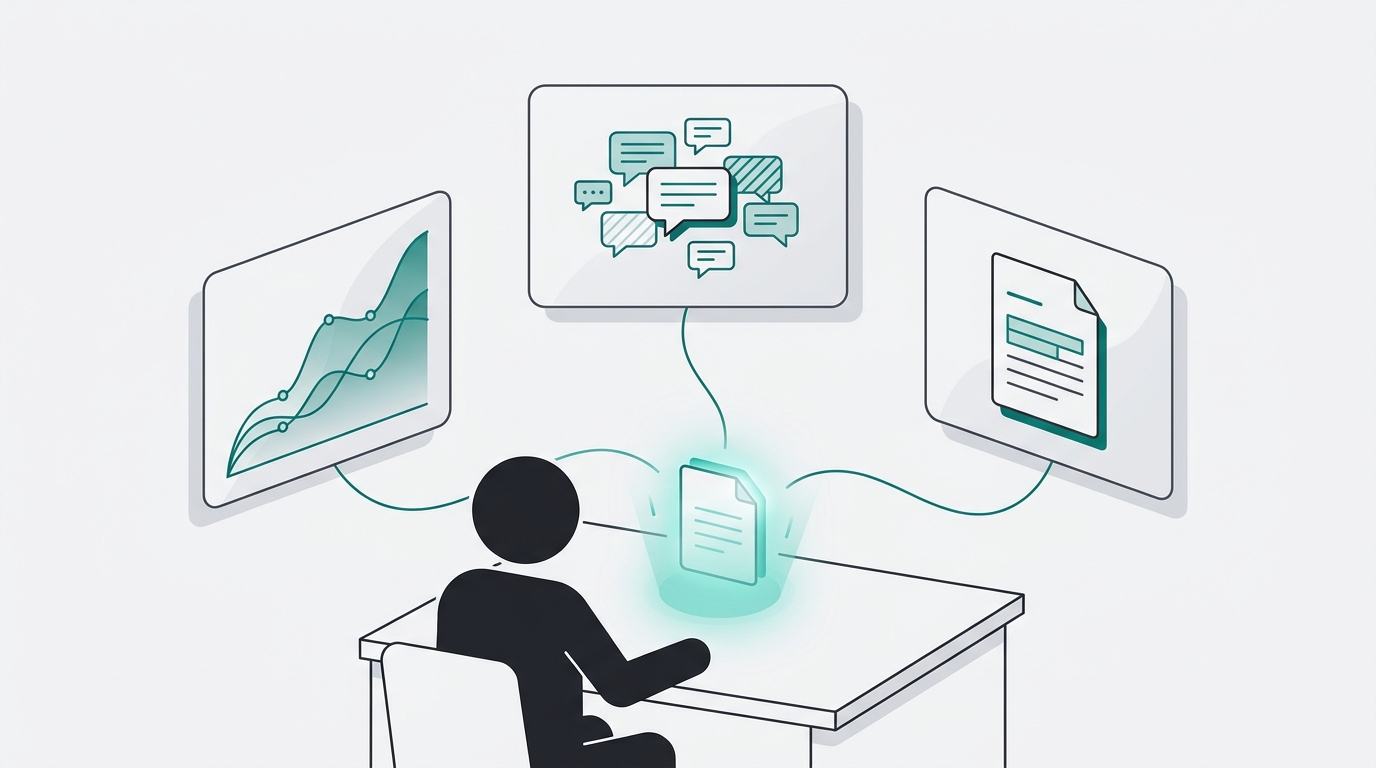A solo founder at a desk with three floating panels showing usage charts, support ticket clusters, and a blog draft connected by flowing lines.