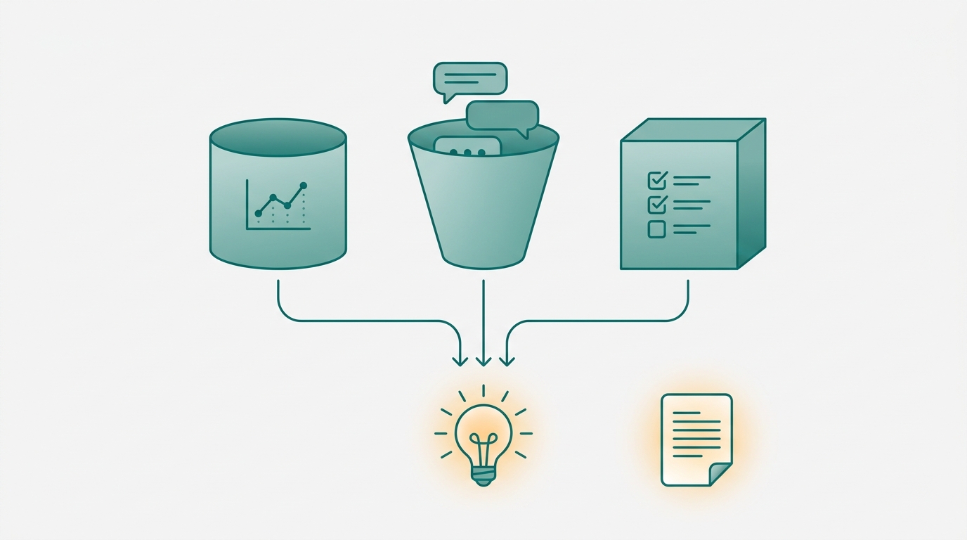 Three geometric data buckets representing usage telemetry, support tickets, and onboarding responses with arrows converging into a single post idea output below.