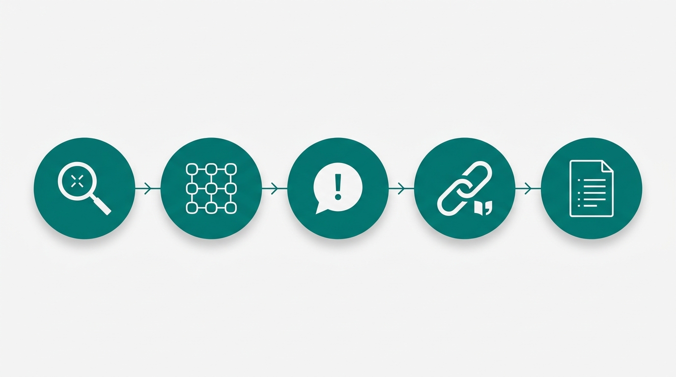 A five-step horizontal workflow diagram with circular nodes connected by arrows, each containing an abstract icon representing a stage from identifying a source to building an outline.