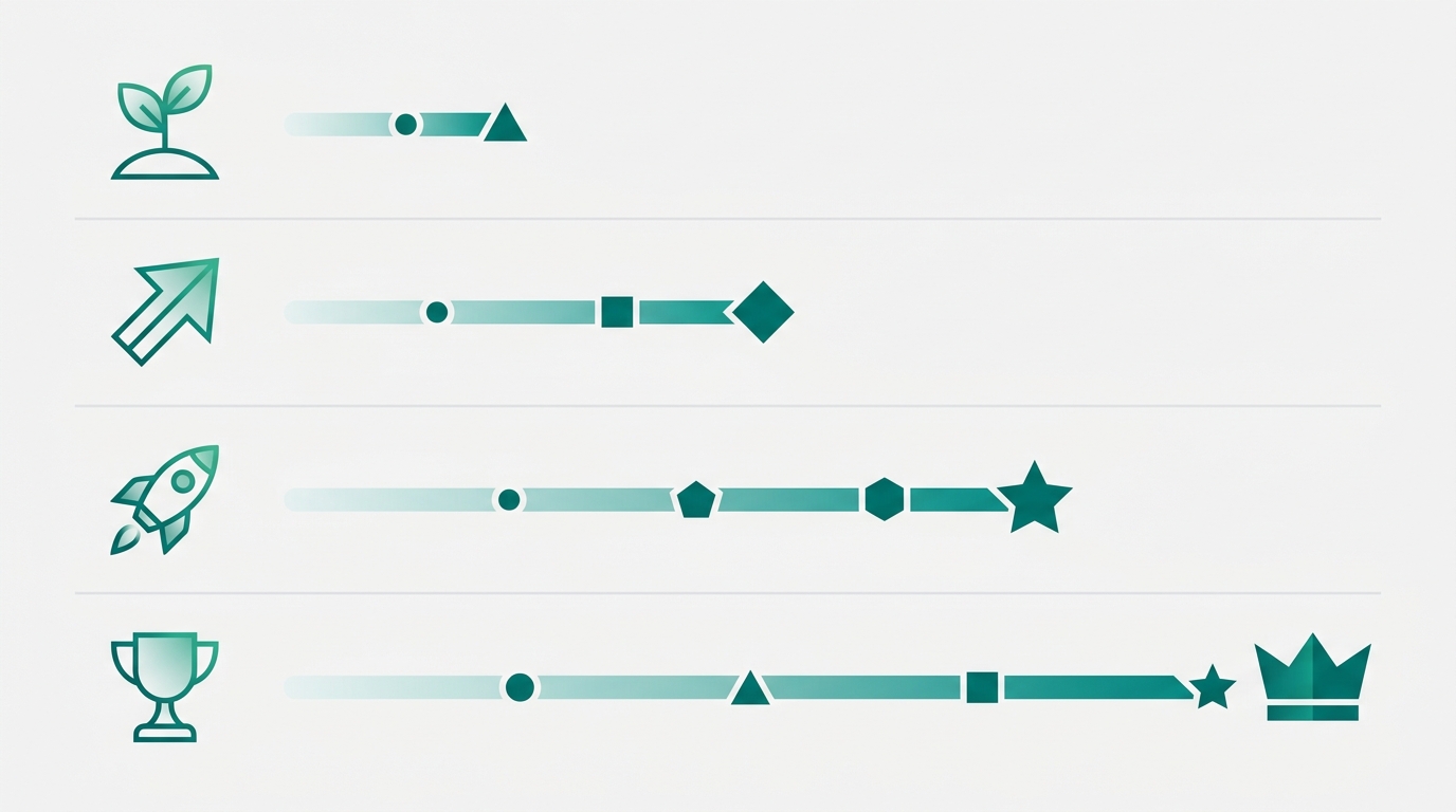 Four stacked horizontal rows with abstract icons and growing progress bars represent the four content growth stages in a clean flat diagram.