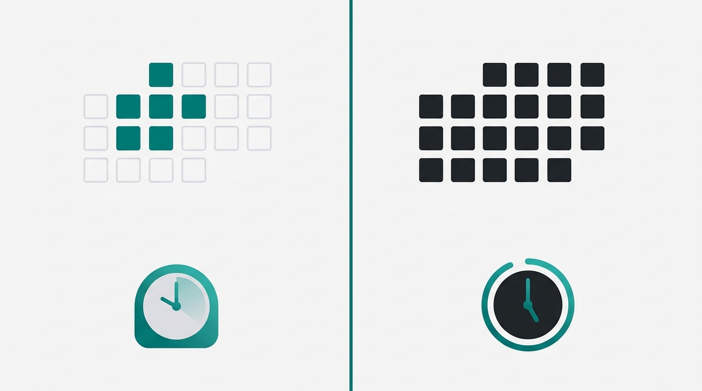 A split-panel illustration contrasts a sparse calendar with open space on the left against a fully packed calendar on the right, representing two different weekly content workloads.