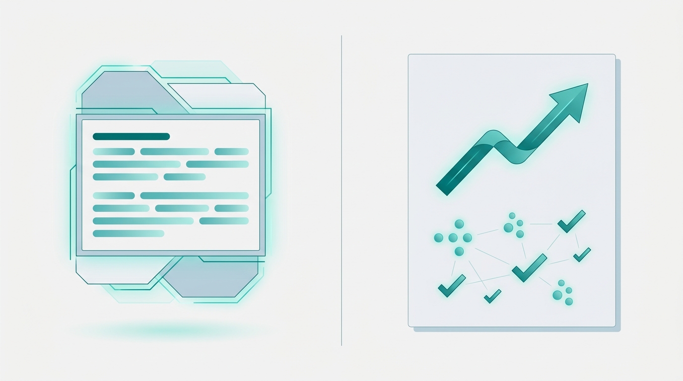 A split-screen editorial illustration contrasting an AI-generated answer panel on the left with a high-performing blog post card and upward engagement arrow on the right.
