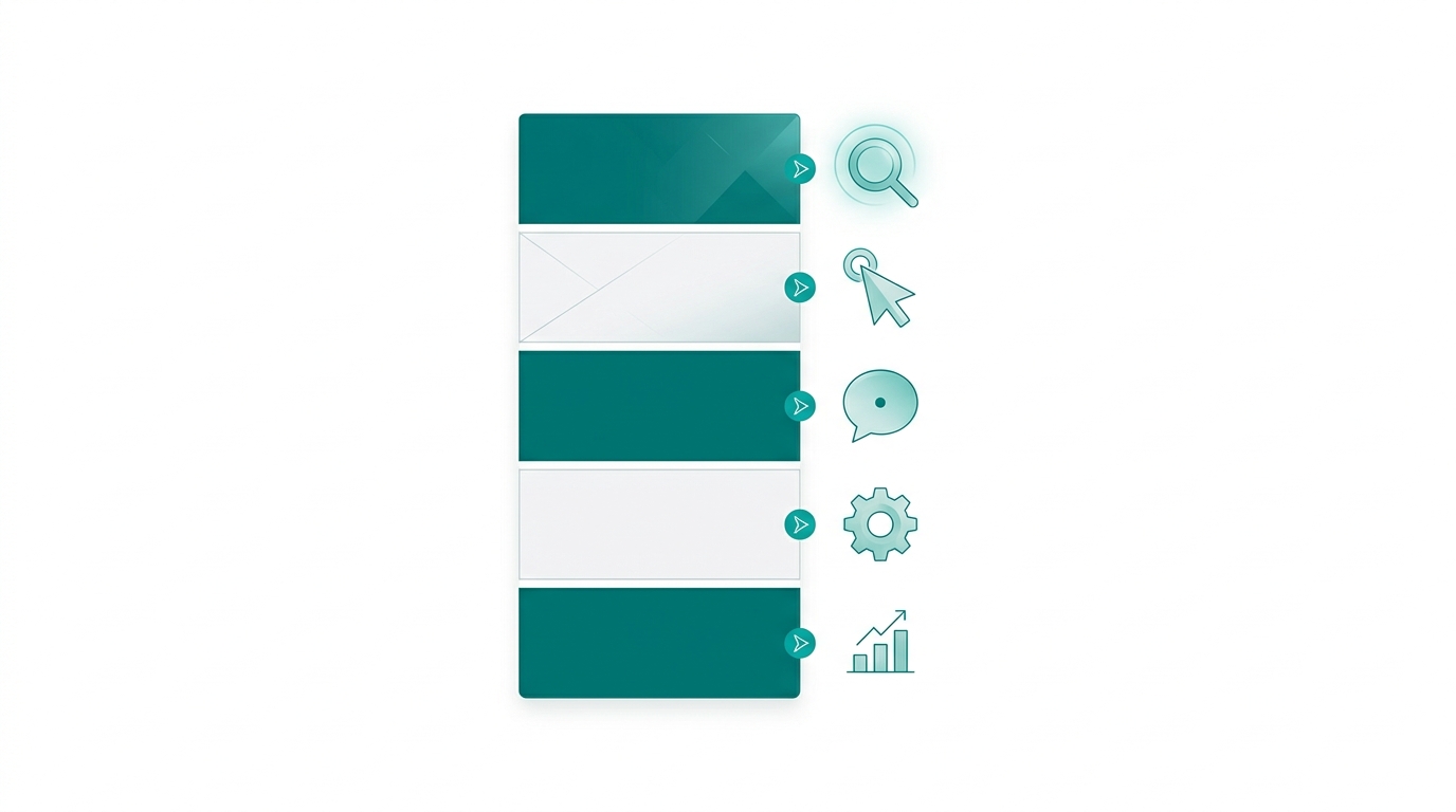 A vertical post anatomy diagram with five horizontal section bands connected by arrows to floating geometric icons representing AI citation, click conversion, and People Also Ask capture jobs.